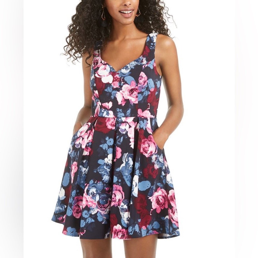 Trixxi Womens Juniors Floral Sleeveless Fit & Flare Dress